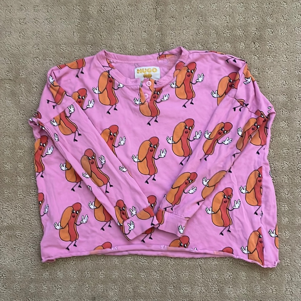Hugo Tiki Kid hot dog print long sleeve shirt.